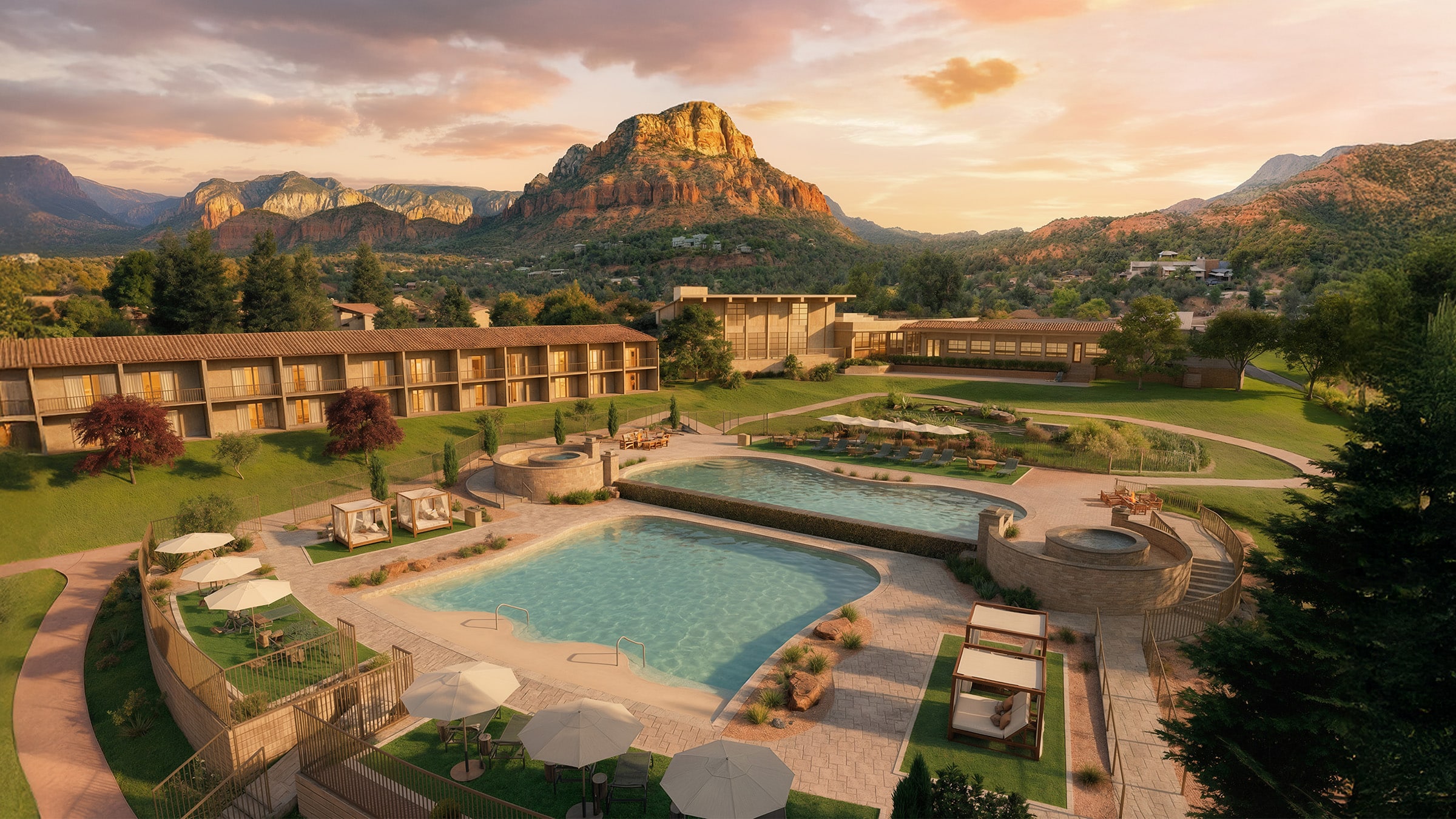 The Hilton Sedona at Bell Rock lit up during twilight, showcasing the warm and inviting atmosphere of one of the Sedona Yoga Festival venues.